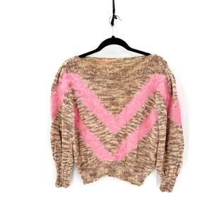 Vintage hand knit pink brown chevron sweater size S puff sleeve western